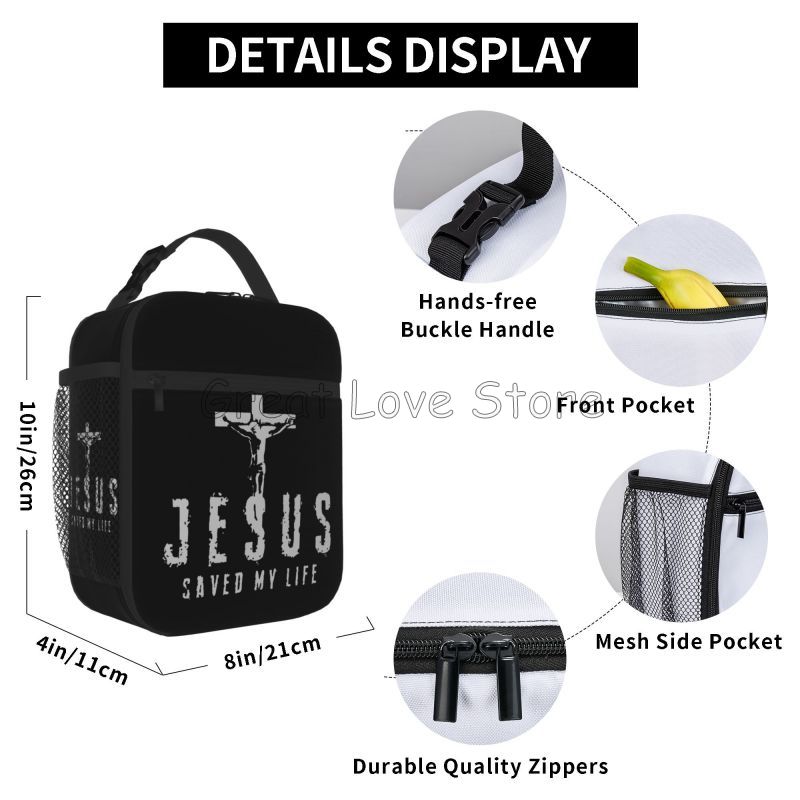 Christus Jesus hat mein Leben gerettet Kreuzdruck Isolierte Lunchtasche Wiederverwendbar Tragbar Wasserdicht Kühlertasche Thermische Bento-Tasche für Damen