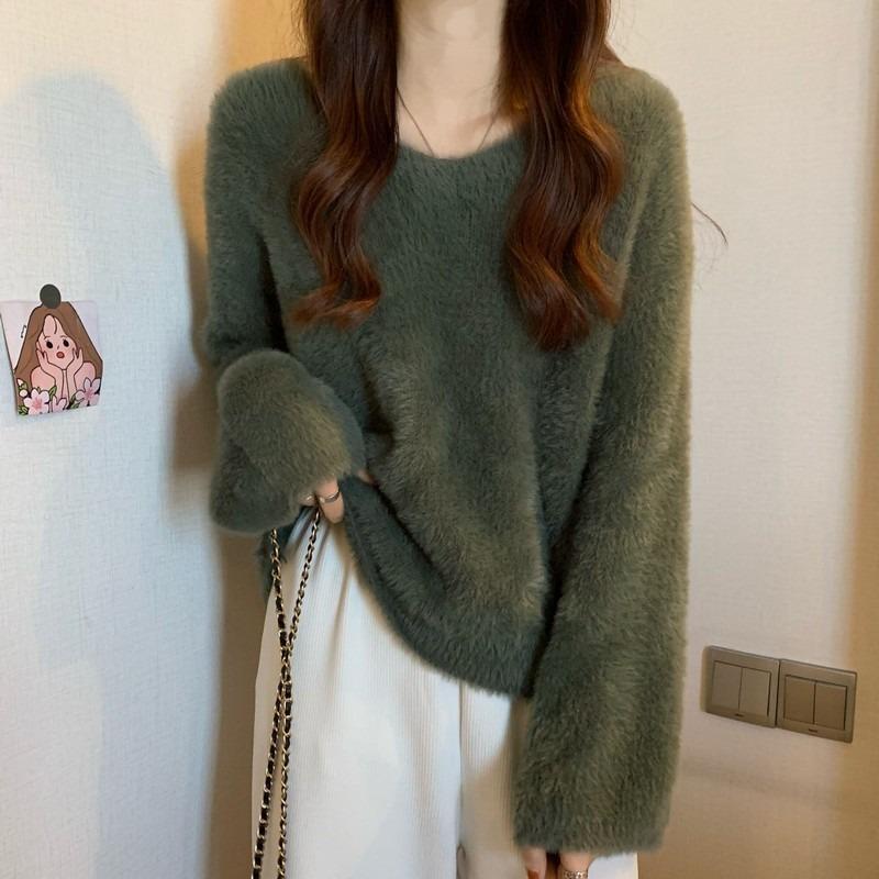 Autumn Winter V Neck Long Sleeve Pullover Women Sweater Female Solid Color Loose Office Knitted Tops Fashion Elegant Simple Clothing