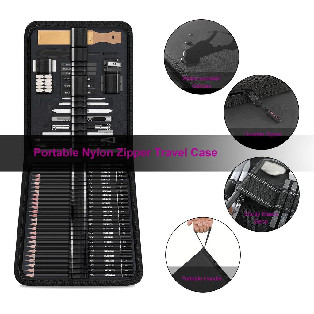 HIFORNY Drawing Sketch Pencil Art Supplies with Blending and Drawing Pencils for Adult Artists 58-Piece Kit, Set, 3-Color Sketchbook, Graphite,