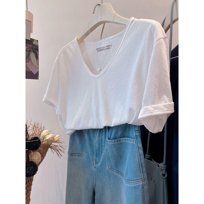 

Fat Sister 100.00kg Plus size Design Sense Lightweight V-neck Solid Snowflake Cotton Short sleeve T-shirt Women Summer All-Matching Top White 2XL