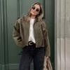 Chaqueta de Ante Verde para Mujer Moda Primavera Manga Murciélago Cremallera Top Casual Chaqueta Bomber Chaqueta Chic para Mujer