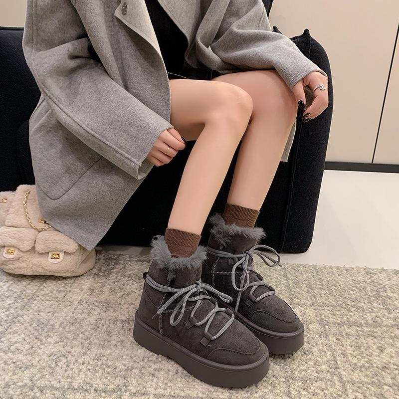 Women's one-step elastic thick sole winter fur one warm cold padded snow boots non-slip wear casual sports short cotton boots