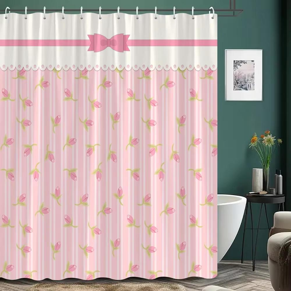 Modern Girl Pink Bow Pattern Shower Curtain, Bathroom Curtain,Printed Polyester Home Decorative Curtain With Hooks