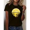 Crew Neck Top White with Yellow Lemon Waves Design Women's Lemon Sunset Graphic Tee Casual Short Sleeve