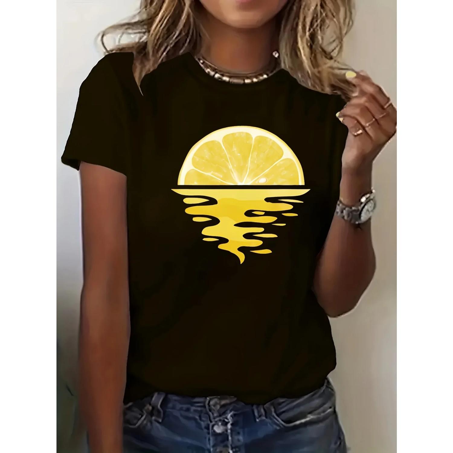 

Crew Neck Top White with Yellow Lemon Waves Design Women s Lemon Sunset Graphic Tee Casual Short Sleeve S чёрный