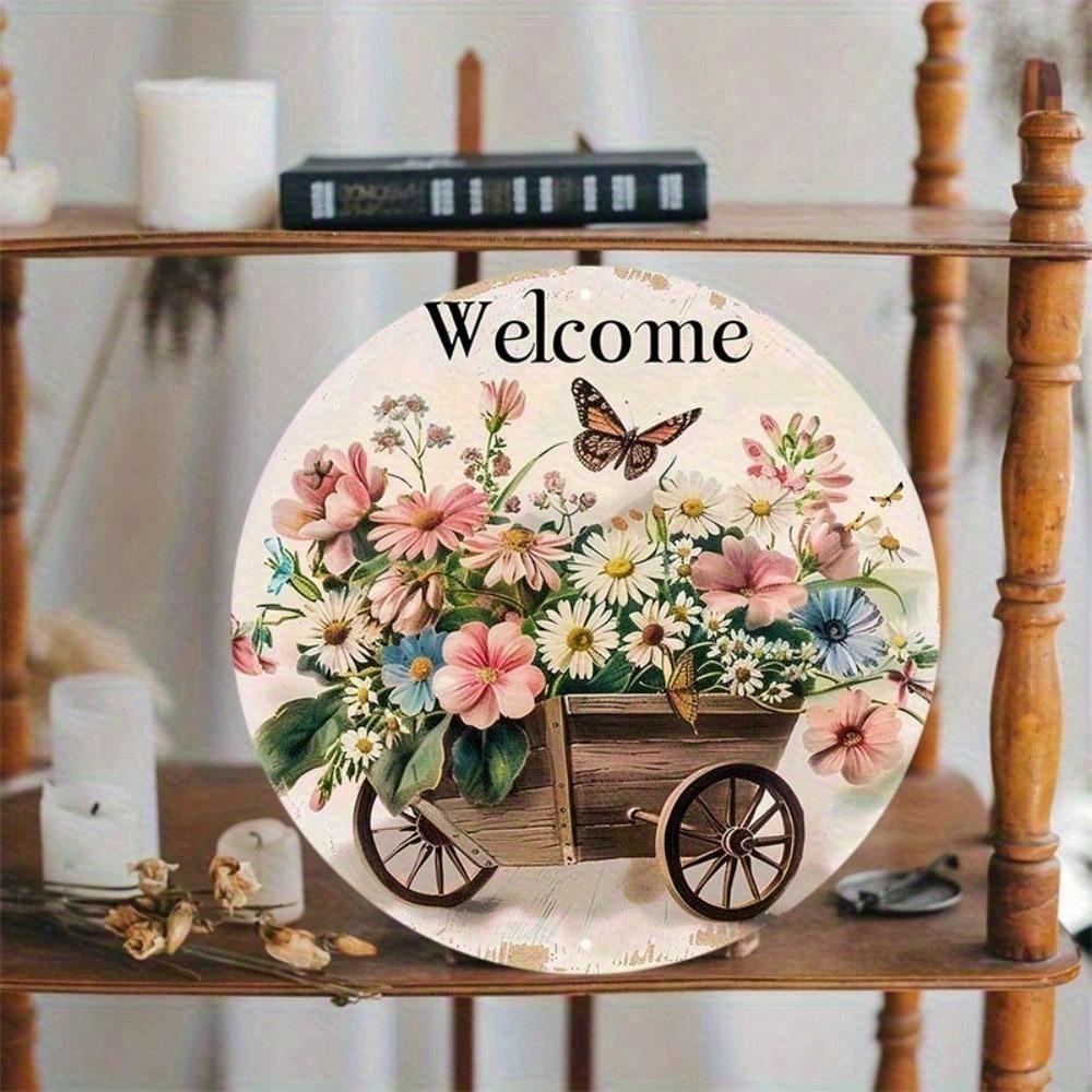 1pc 8x8 Inch Fantasy Animal Round Welcome Sign Waterproof HD Printed Floral Butterfly Door Hanger Wall Decor
