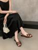 French satin bow open-toed flat sandals 2025 summer new round head outer wear flat heel cool slippers