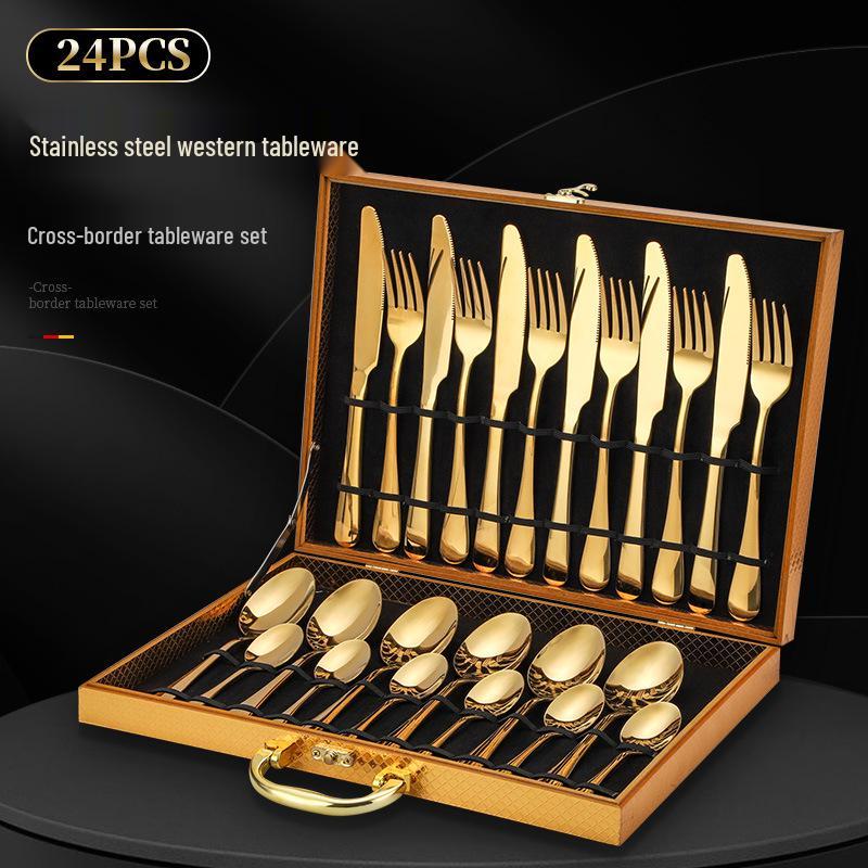 24-Piece Titanium Gold Stainless Steel Cutlery Set with Western Steak Knife, Fork, Spoon, and Laser Logo - Gift Pack.