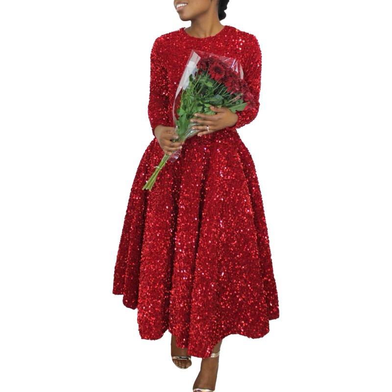 New women's clothing round neck long sleeve solid color sequins high waist temperament medium and long dress dress