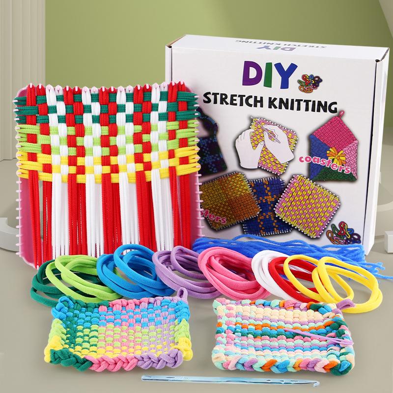 Girls' DIY Fabric Wallet Kit: Handmade Rainbow Knitting Machine with Elastic Rope for Ages 3-6.