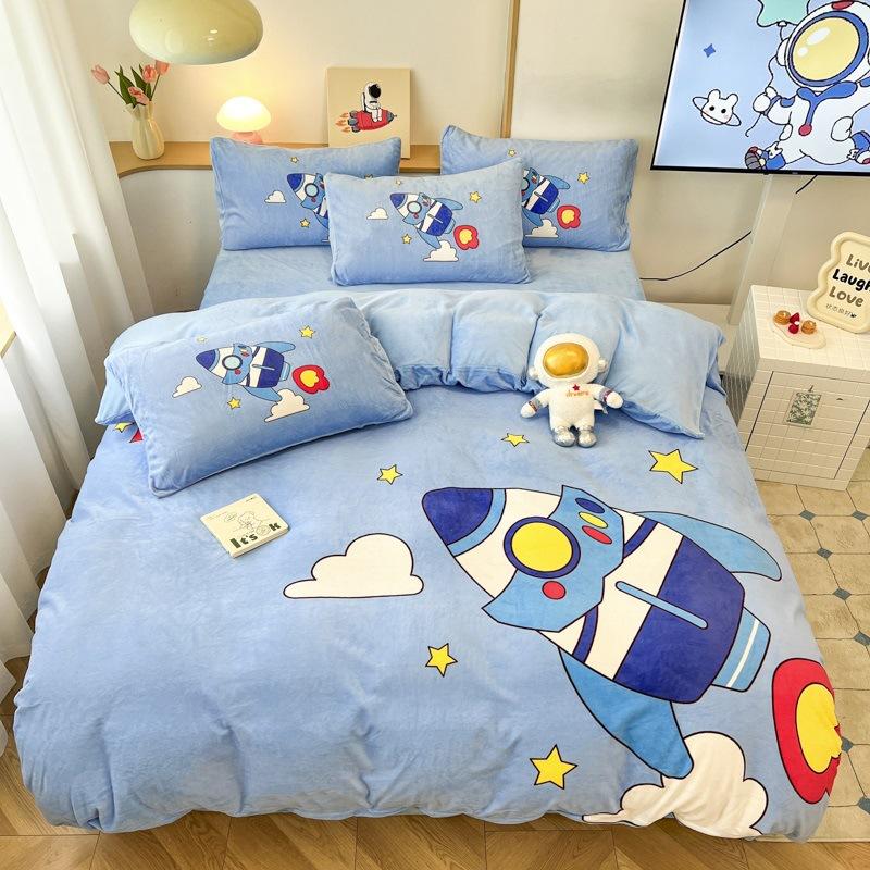 Thickened Milk Fleece Four-Piece Set, Fleece Astronaut Flange Coral Fleece Children'S Bed Sheet Quilt Cover Three-Piece Set Men