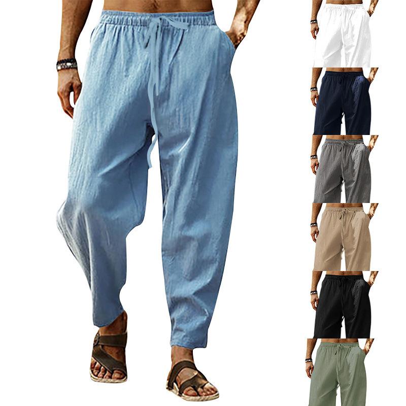 

Summer men s solid colour straight trousers hip hop breathable loose casual cotton linen trousers M світло-синій колір