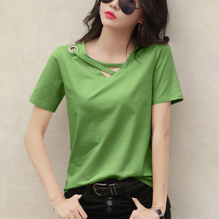 Moda Verão Feminina Camiseta Gola V Solta Cor Sólida Top Camiseta Casual