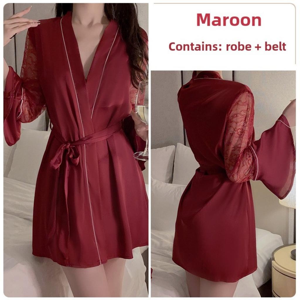 Süße Spitze Tiefes V Plus Brustpolster Sexy Neckholder Seidiger Satin Nachthemd Robe Hausset