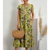 IHUASU Fashion Women's Loose Cotton Linen Sleeveless Crew Neck Print Summer Dress