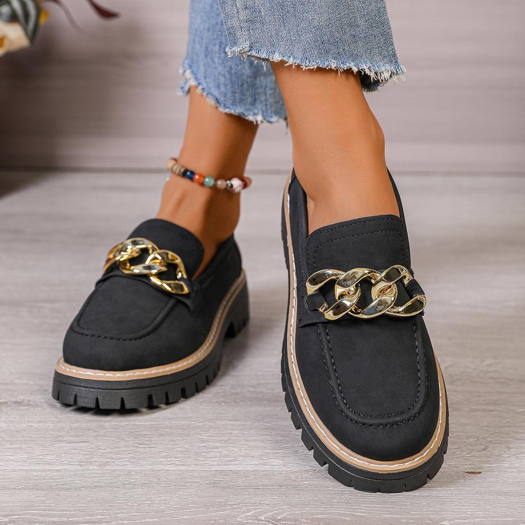 2025 Spring and Autumn New Foreign Trade Large Size Round Head Thick Sole Thick Heel Casual Metal Chain One-pedal Loafers