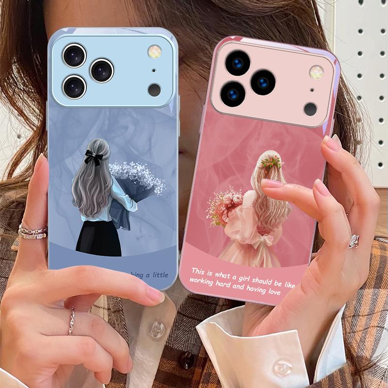 The girl holding flowers For iPhone 17 Air 16 E 15 14 13 Plus 12 mini 11 17 Pro Max XR Xs Max 16E 7 8 Tempered Glass Phone Case