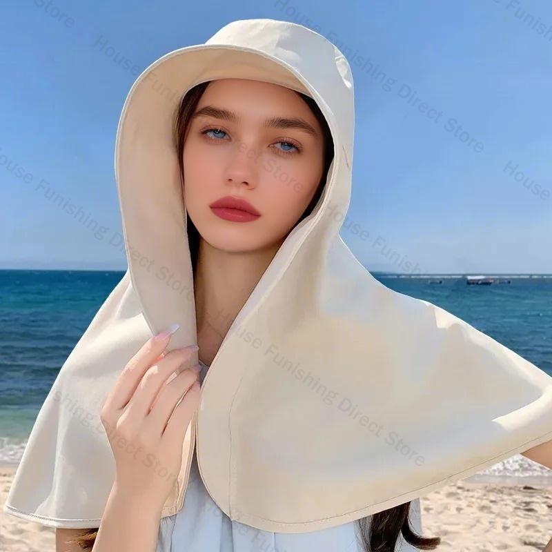 Summer Women Cap Outdoor Uv Anti Neck Protection Sun Visors Hat Fishing Hiking Big Brim Shawl Sunscreen Ponytail Cap Solid Color