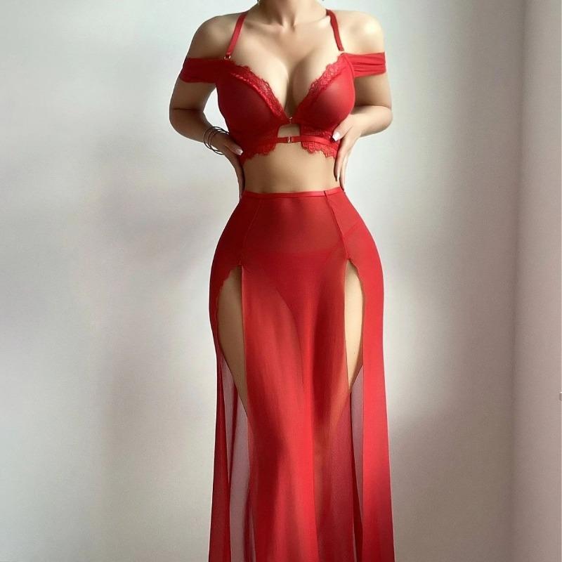 Womens Sexy Sheer Mesh Strap Long Nightdress Intimate Lingerie Set