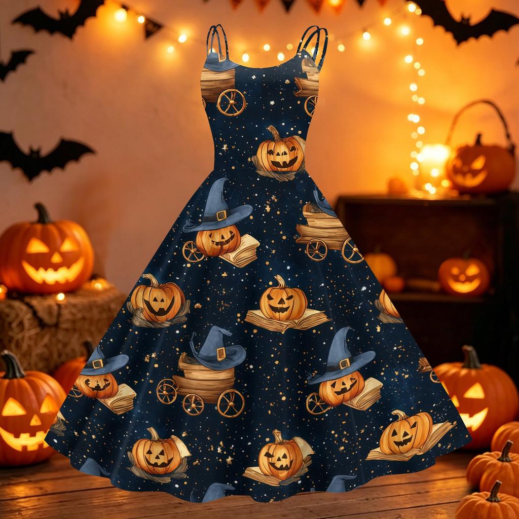 Women's Vintage Punk Off Shoulder Dress Halloween Print Sleeveless Spaghetti Strap Swing Dress Retro Gothic Style Dress