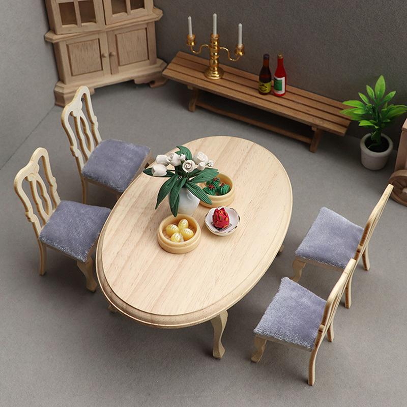5Pcs/Set 1/12 Dollhouse Miniature Furniture Wooden Dining Table Chair Set Toys