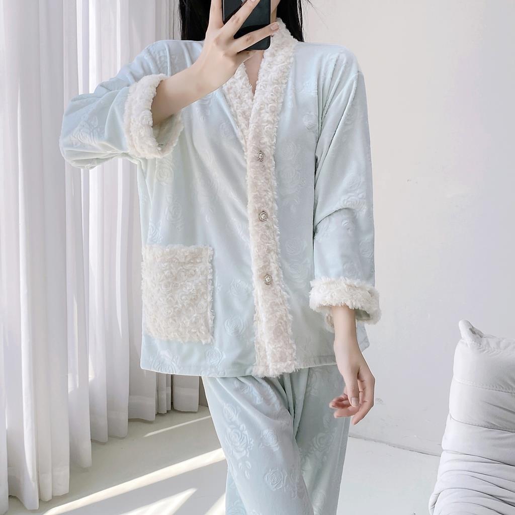 Island velvet new women's autumn and winter pajamas long-sleeved trousers loungewear warm double-sided velvet suit