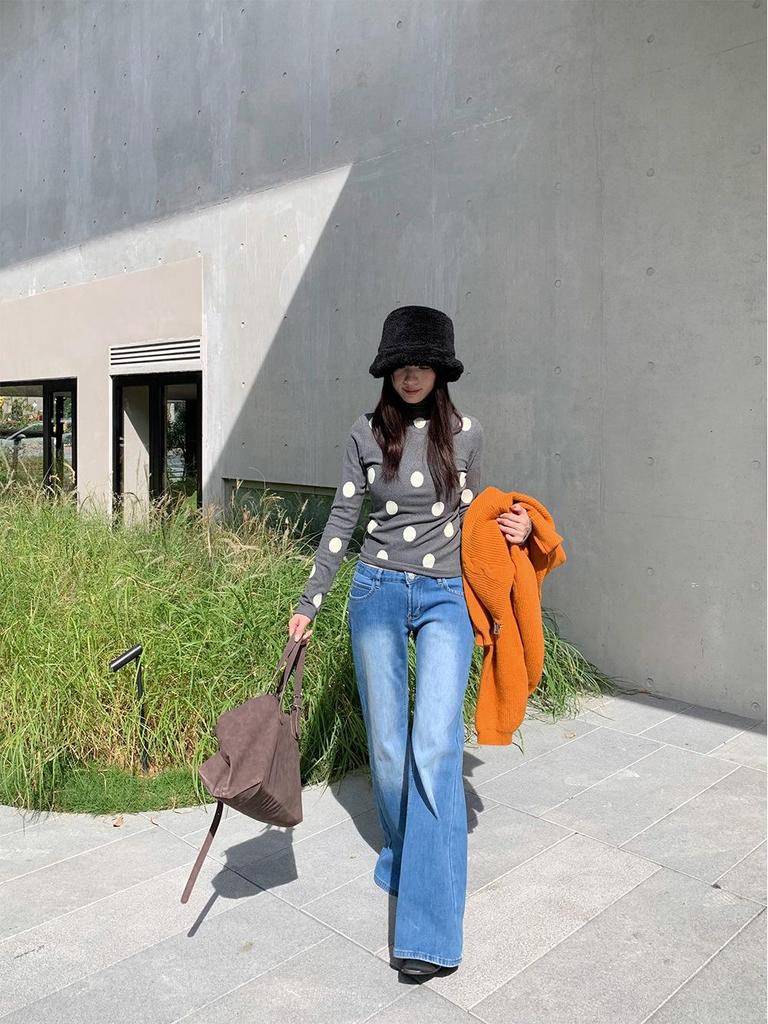Yuyi Damen Polka Dot T-Shirt: Herbst/Winter 2025 Süß & Würzig, Halber Rollkragen, Langarm, Gebürstete Basis (M3858)