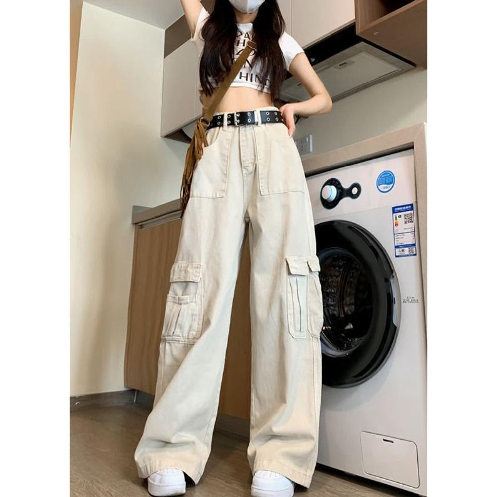 Women's High Waist Multi‑Pocket Cargo Jeans Loose Wide Leg Casual Denim Trousers