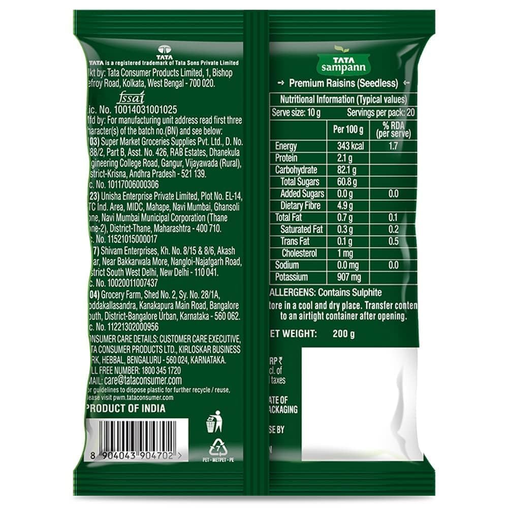 TATA Sampann Premium Seedless Green Raisins 200g Pack Of 1 Pure Dried Fruit Source Of Potassium For Healthy Snacking And Cooking
