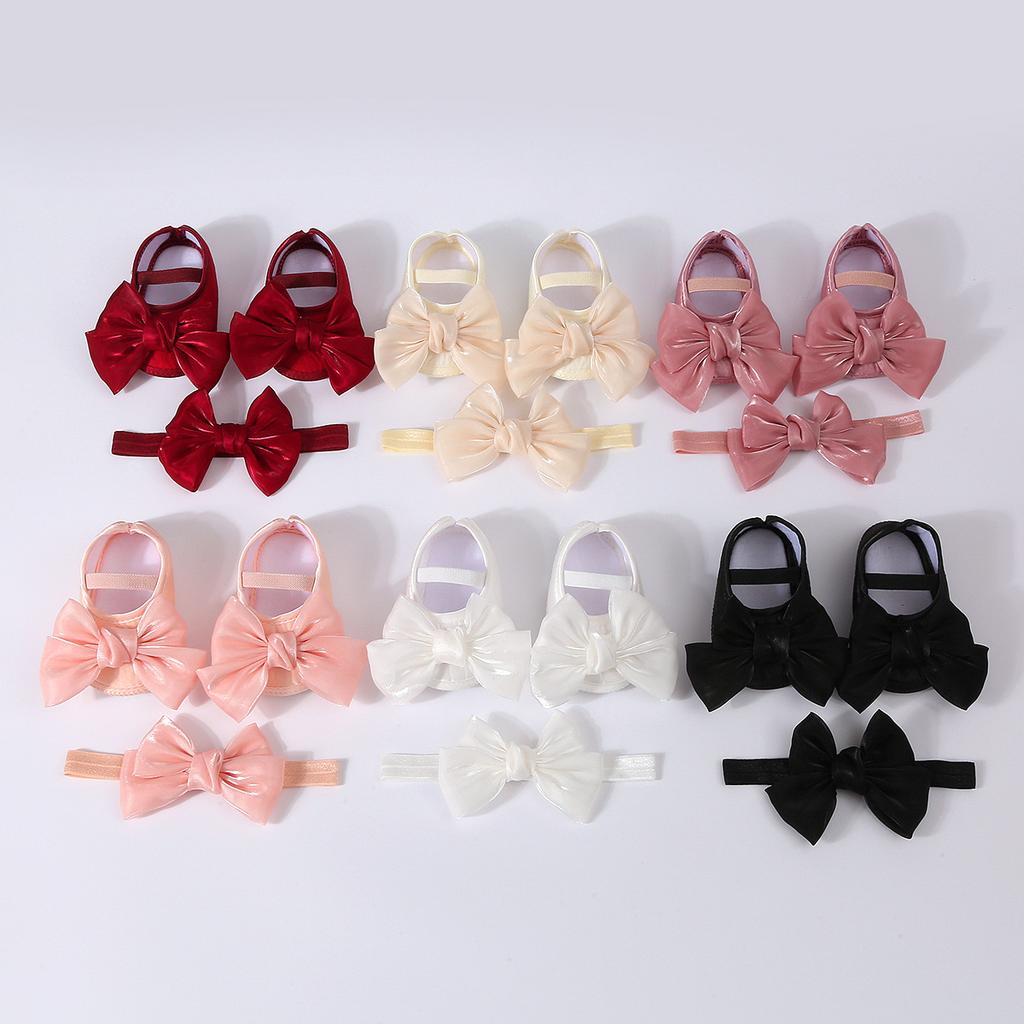 Lovely Baby Girls Shiny Baptism Shoes Headband Newborn Cute Bowknot Mary Jane Flats Set Children First Walker Flat 0-12 Months
