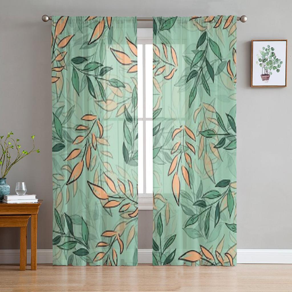 Zweig Frische Grüne Blätter Gardinen für Wohnzimmer Transparent Tüll Fenster Vorhang Schlafzimmer Küche Wohnkultur Schleier Vorhänge