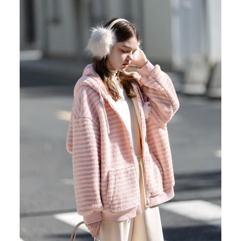 

TonLion 2025 Winter Women s Striped Rabbit Ear Plush Hooded Coat M