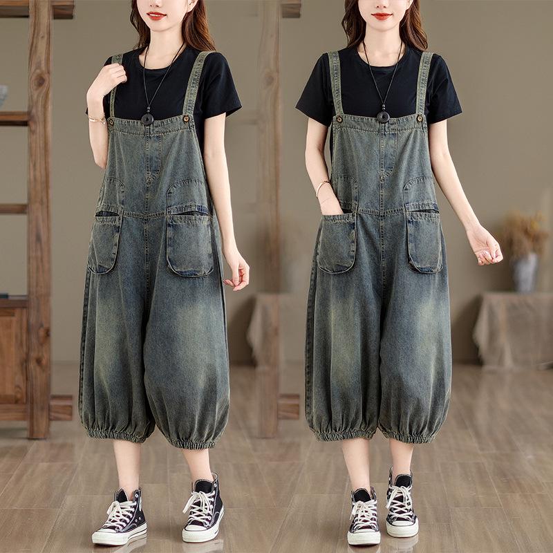 

Women s Summer Loose-Fit Denim Overalls L