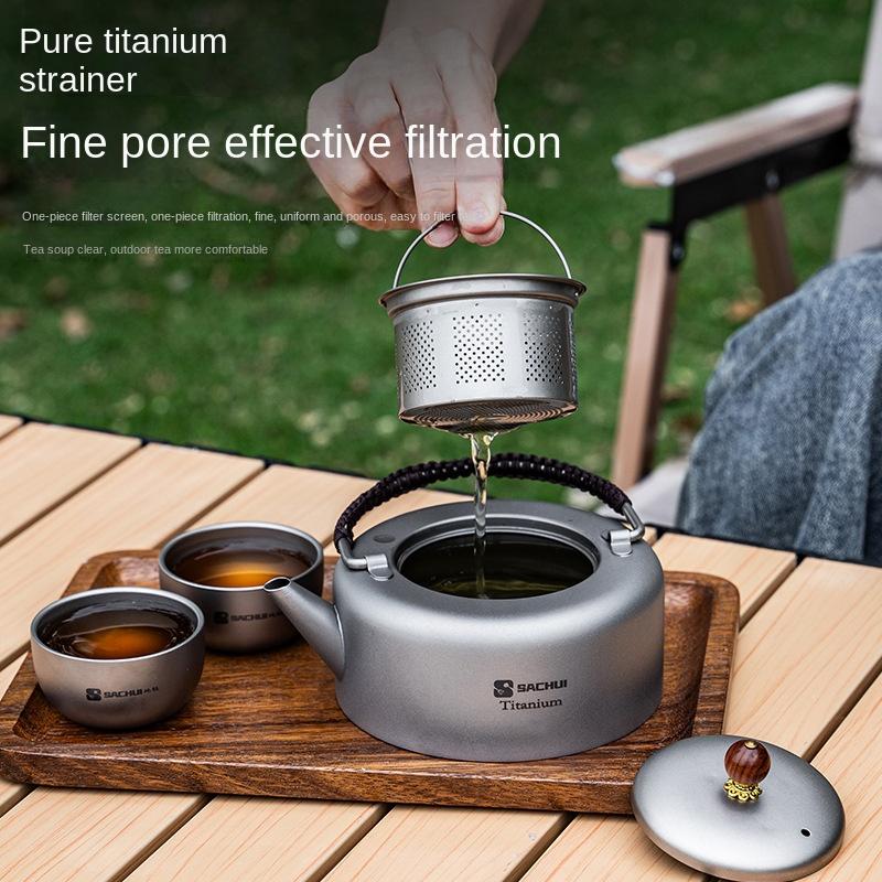 Pure Titanium Tea Kettle Outdoor Boiling Kettle Camping Portable Double Layer Tea Set with Storage Bag