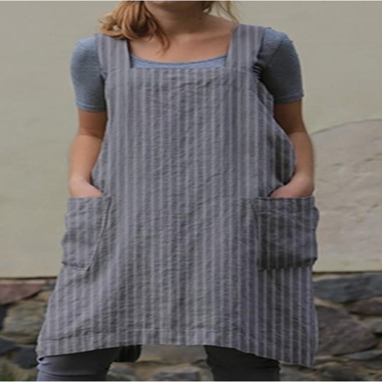 2024 Exclusive Striped Pocket Cotton-Linen Bib Apron Dress