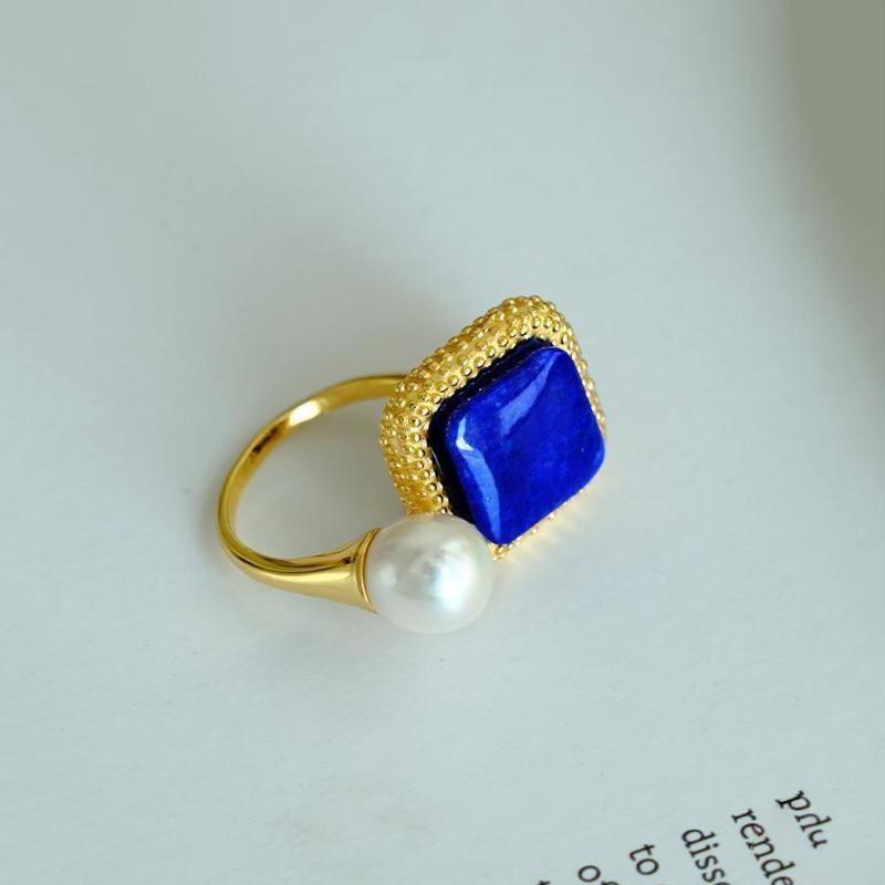 

Square Lapis Lazuli Engagement Ring Inlaid Water Droplet Pearls High-End Sense Fashionable Adjustable Rings For Women Jewelry resizable