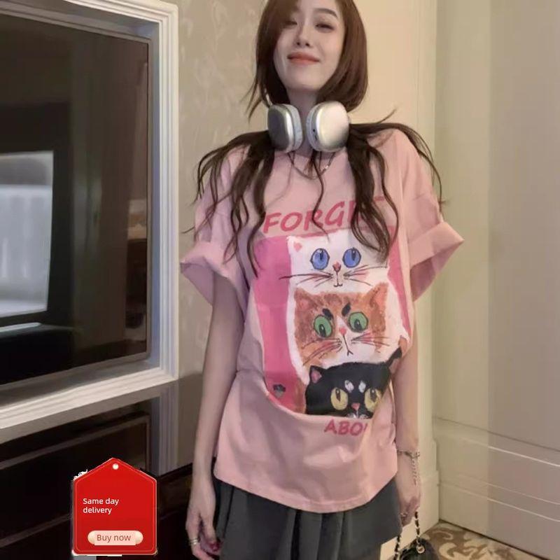 

Loose-Fitting Niche Sweet Pink Cat Print Short-Sleeve T-Shirt for Women, Summer Mid-Length Style That Covers the Belly and Makes You Look Slimmer Pink M [Recommendation 40-50kg]