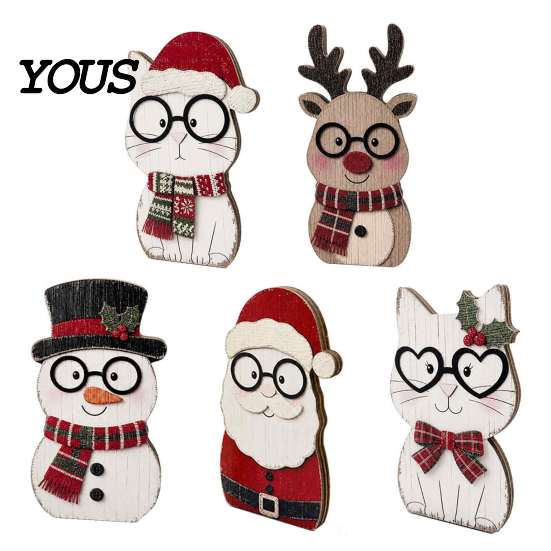 Small Wood Christmas Ornaments Wooden Cat Tabletop Decor, Cute Kitty Figurine, Rustic Farmhouse Decor for Xmas Tiered Tray Ornament Living Room Shelf