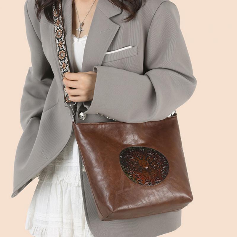 Borsa a Spalla in Pelle Ricamata con Cervo Vintage per Donna - Borsa a Tracolla Tote Bohemienne con Tracolla Etnica, Borsa a Mano Moda Retro