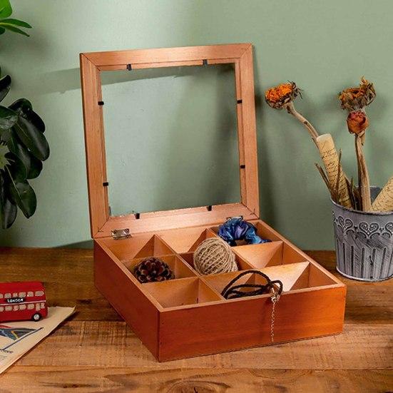 Boîte de Rangement en Bois à 9 Compartiments Boîte de Collection de Roches avec Couvercle en Acrylique Transparent Étui de Rangement Rétro pour Bijoux Cristaux et Petits Objets de Collection