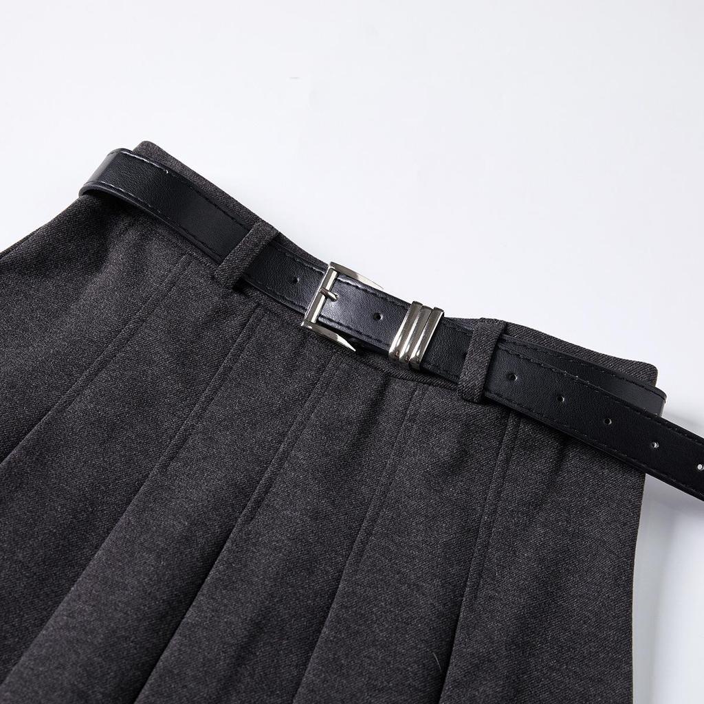 Lizhiqi Women's Woolen A-Line Pleated Midi Skirt - 2024 Winter Collection, High Waist, Slimming Fit