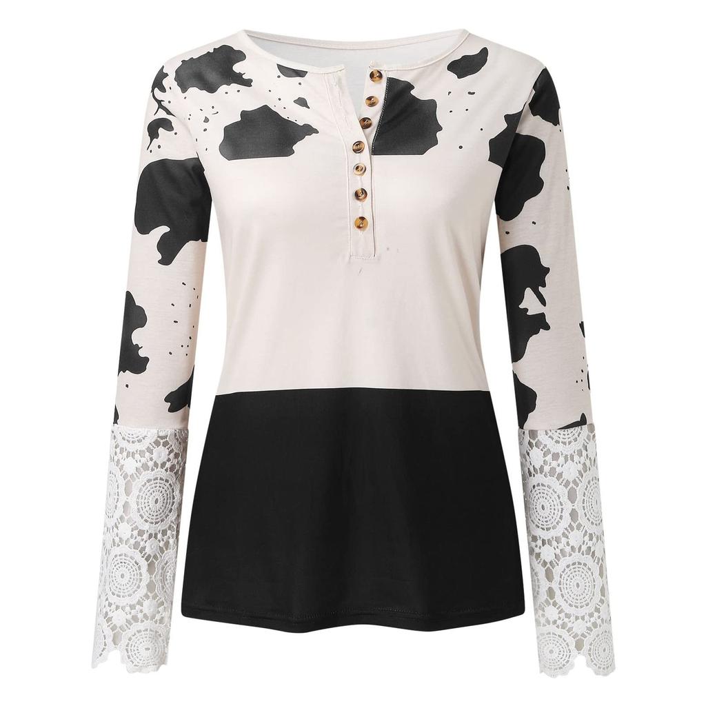 Women's Slim Fit Casual Cow Striped Lace Long Sleeve Top T-Shirt Blouse