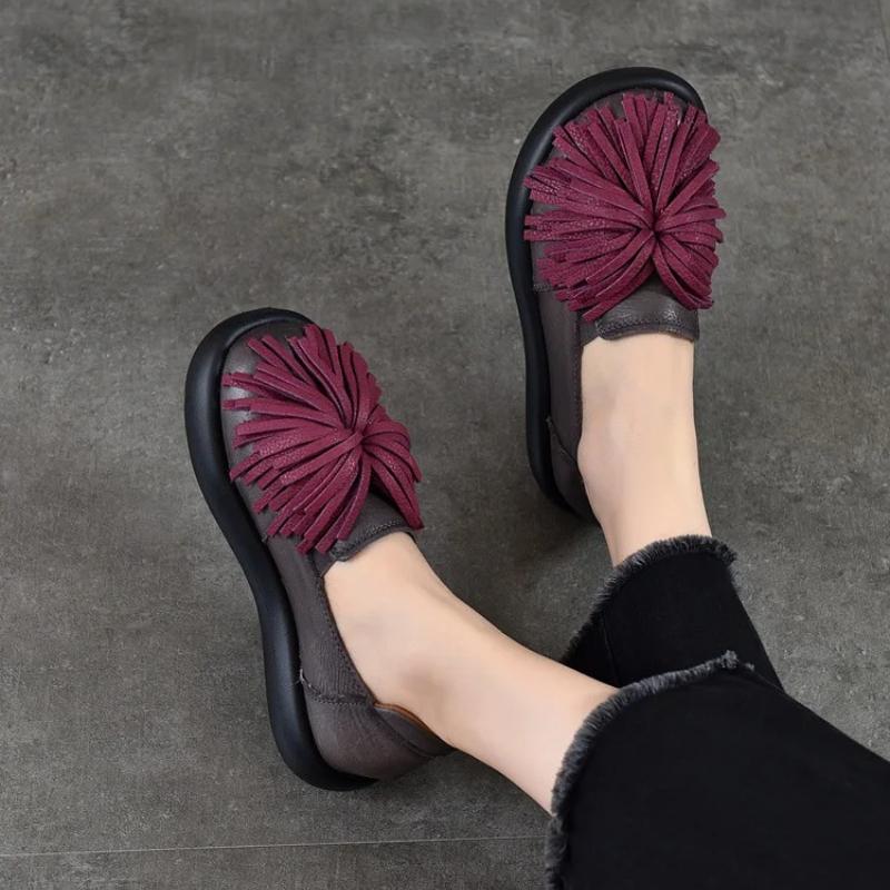 Johnature Genuine Leather Thick Soled Women's Shoes Comfortable Retro Handmade Tassel Slip-on Shoes