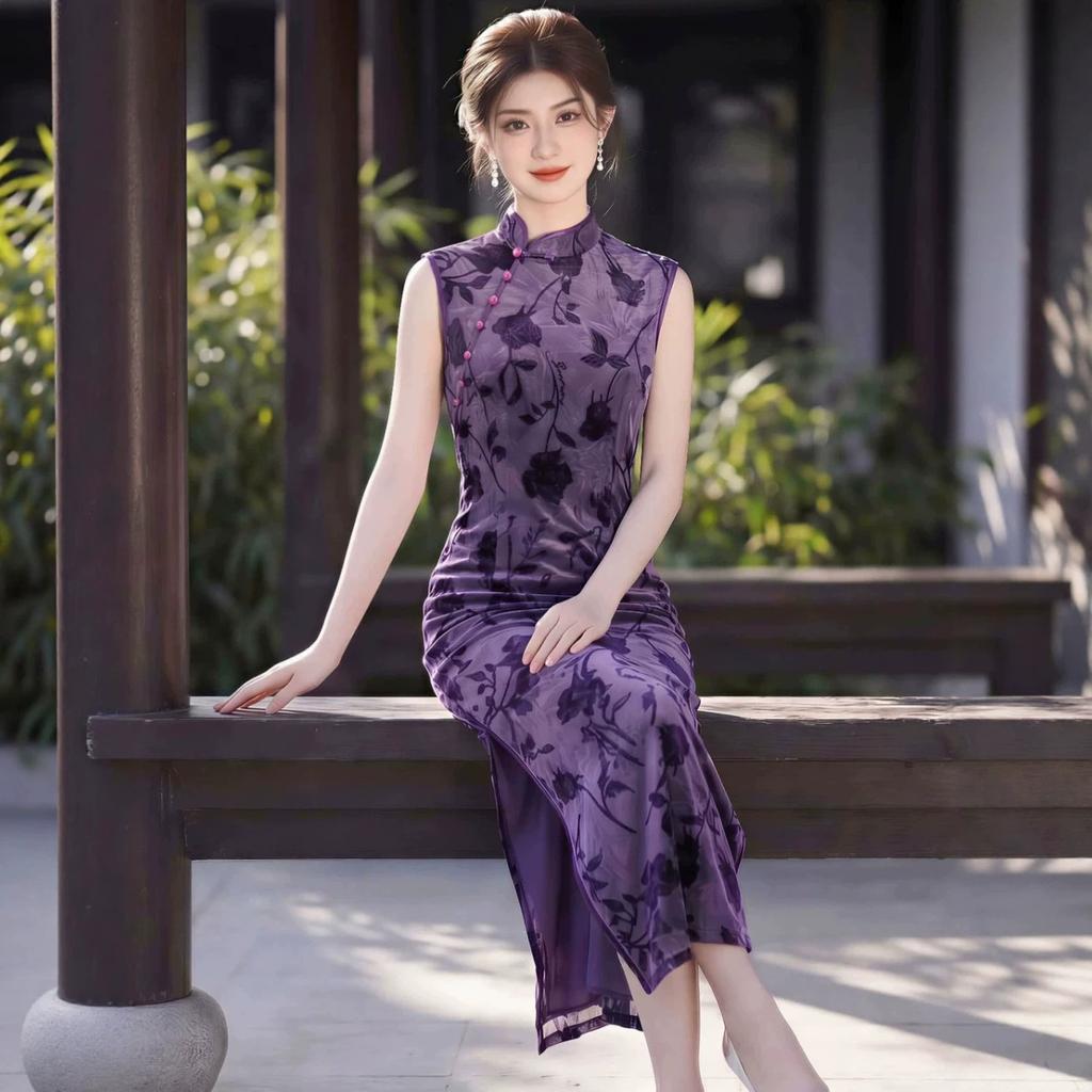 Purple Sleeveless Flocked Cheongsam 1011 New Summer New Chinese Style Improved Young Slim Daily Dress Women
