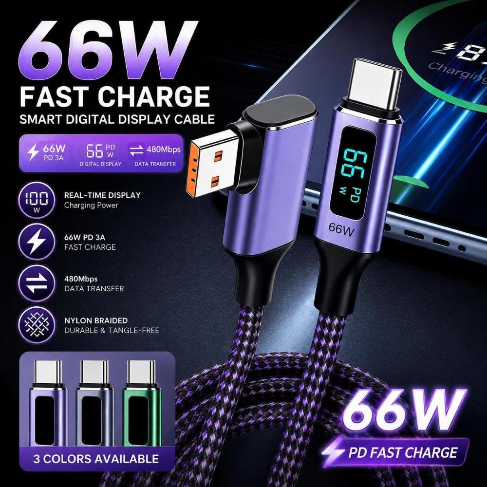 66W Fast Charging Right Angle Charging Cord Right Angle Digital Display Cable Laptop Charging