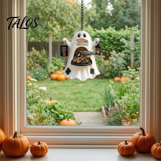 Holiday Garden Pendant Halloween Ghost Bird Feeder, Outdoor Hanging Big Mouth Wild Feeding Decor Station, Spooky Resin Statue for Outside Backyard