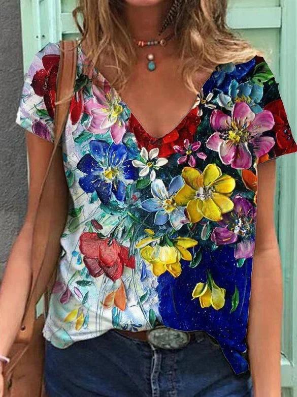 Women's T-Shirts Color Floral Flower 3D Print Summer V-Neck Short Sleeve T Shirt Y2K Tees Oversized Harajuku Top Female Clothing