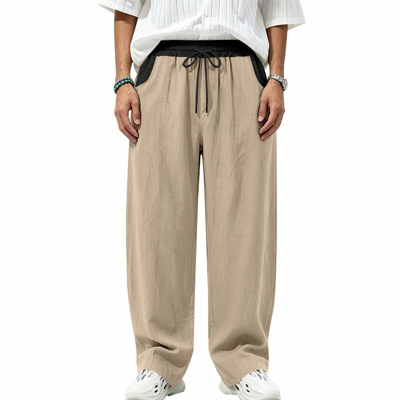 Men’s All-Season Lightweight Linen Trousers with Colour-Blocked Elasticated Waistband, Loose-Fit Curved-Leg Casual Trousers