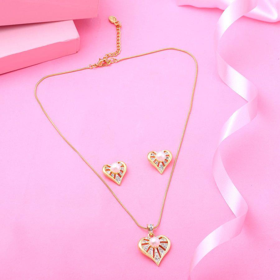 Estele Valentine's Day Special - Stylish Women's Heart Shaped Necklace with Blessed Pearls, Gold Plated and Silver Plated