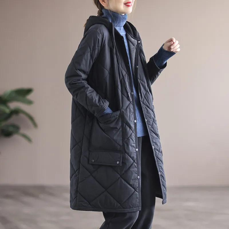 Diamond-shaped Plaid Cotton Hooded Coat Loose Casual Mid-length Cotton Jacket Warm and Windproof All-match Women's Cotton Jacket